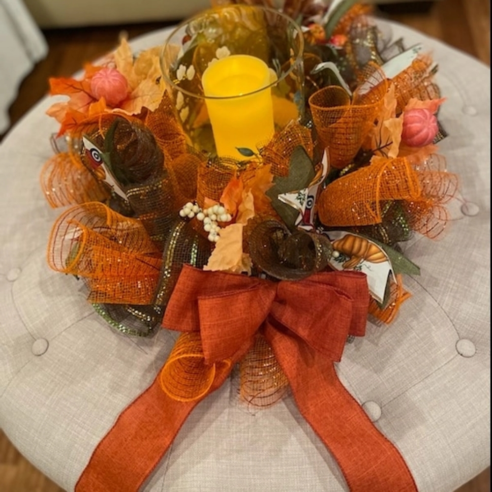 Fall centerpiece hurricane glass and candle..